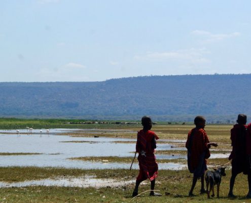 Massai Kinder begleiten eine kleine Ziege im Lake Natron Gebiet