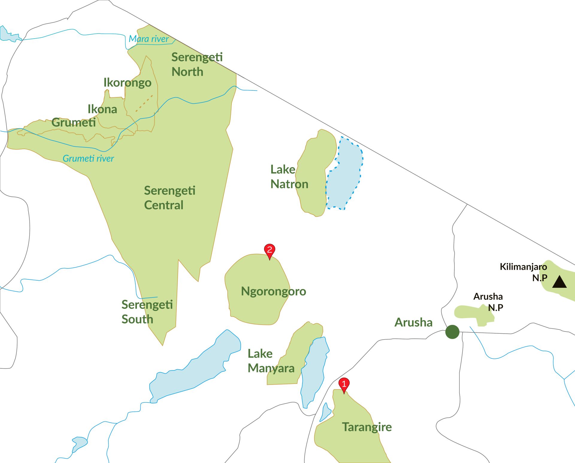 2 Tage Safari Tarangire und Ngorongoro Landkarte